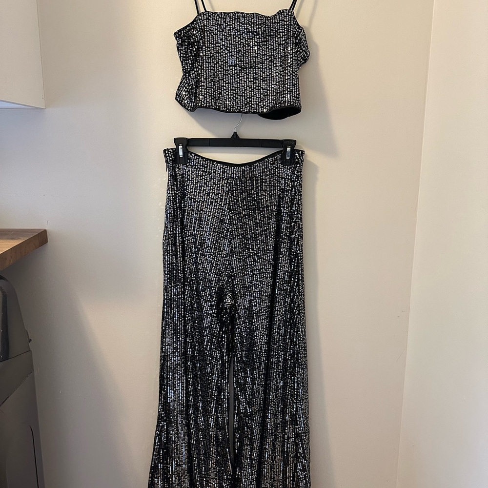 Black sequin pant set , crop top and flair legged pants